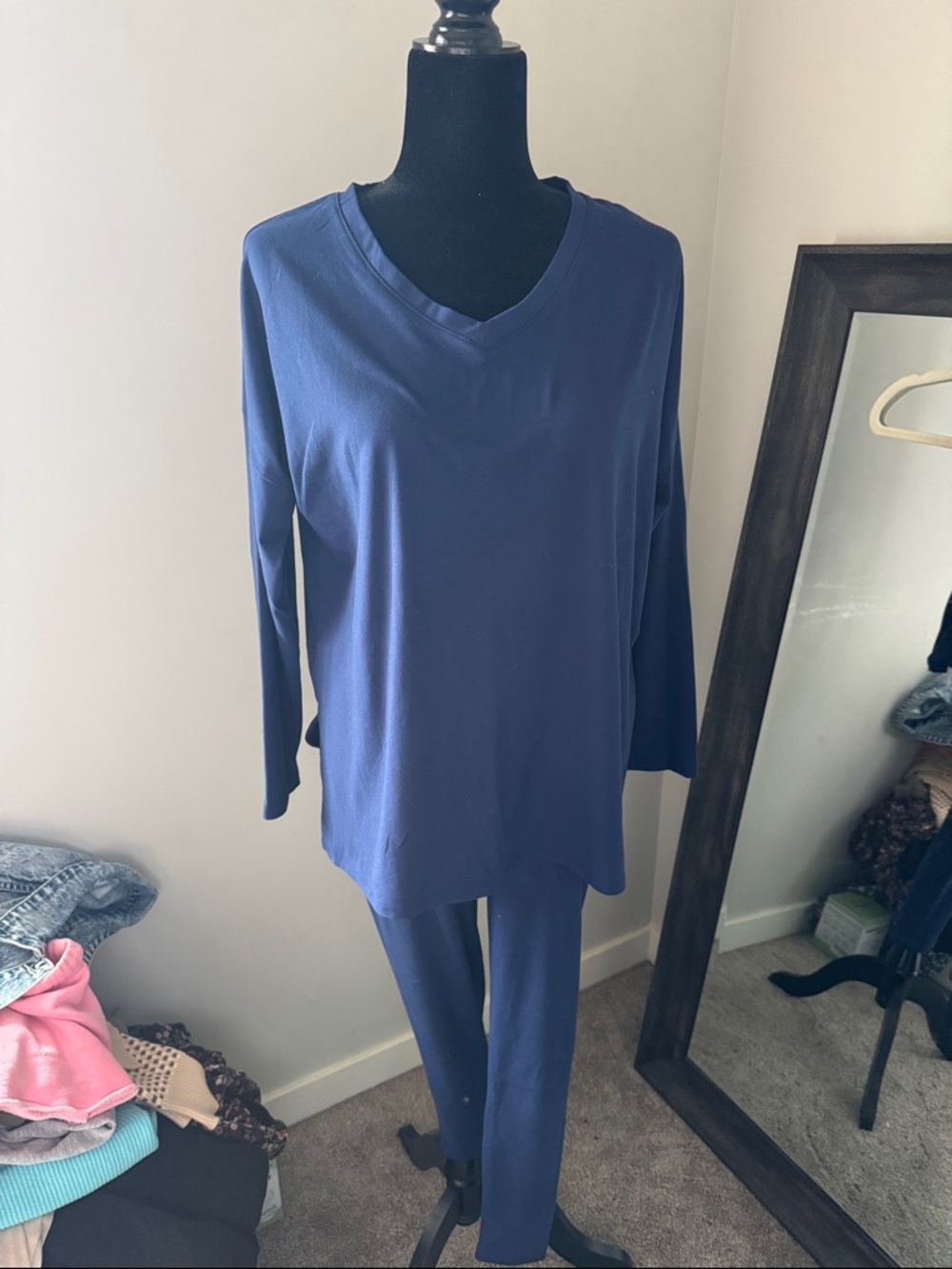 Zenana Outfitters Navy V-Neck Two-Piece Pajama Set